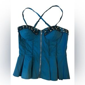 NWT Lydia Blue Bustier Corset Ribbed Peplum Jewel Embellished Top SzS
